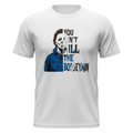 Zia Rose Boutique white cotton t-shirt featuring a split Michael Myers graphic and You Can't Kill the Boogeyman text