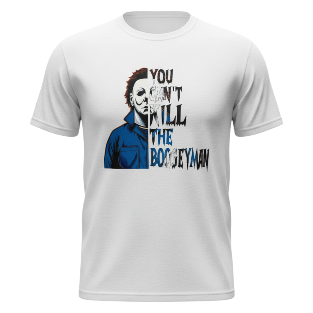 Zia Rose Boutique white cotton t-shirt featuring a split Michael Myers graphic and You Can't Kill the Boogeyman text