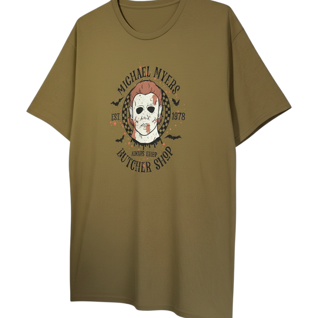 Zia Rose Boutique olive green horror-themed Michael Myers Butcher Shop graphic t-shirt in soft cotton-poly blend