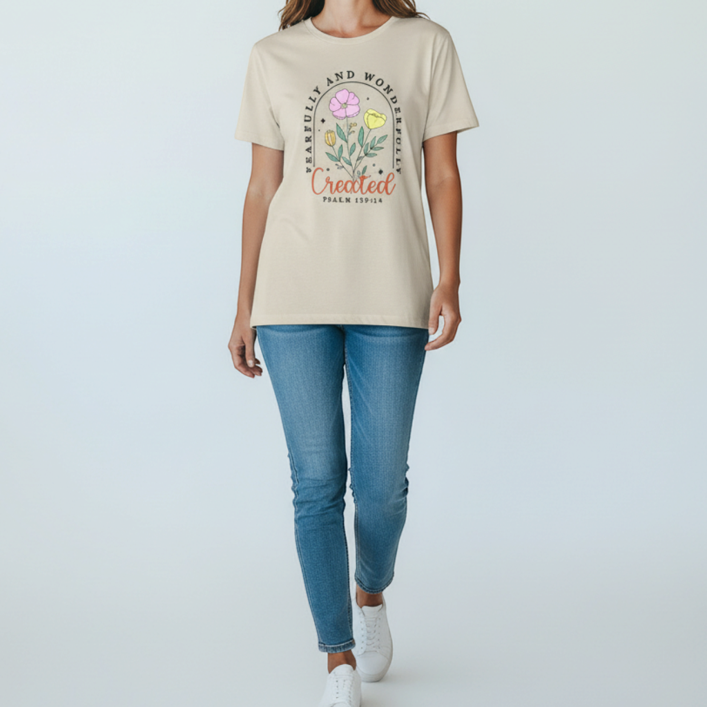 Zia Rose Boutique beige cotton t-shirt featuring a floral design and Psalm 139:14 scripture text on a model