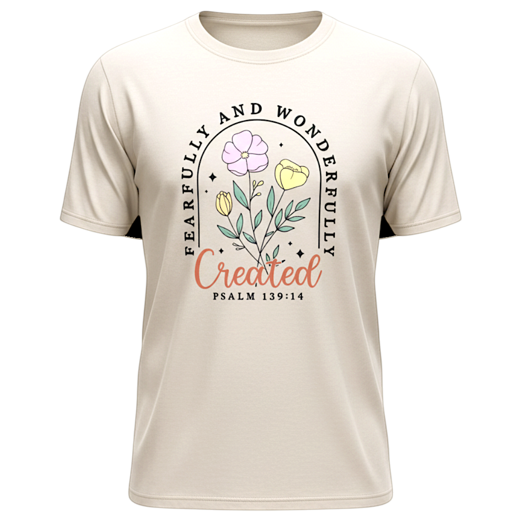 Zia Rose Boutique beige cotton t-shirt with floral graphic and Fearfully and Wonderfully Created Psalm 139:14 text