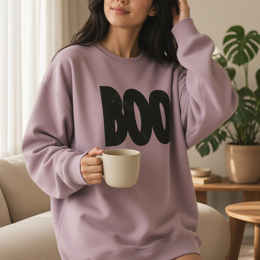 Zia Rose Boutique mauve-pink crewneck sweatshirt with black sequin BOO graphic, worn by a woman holding a mug.