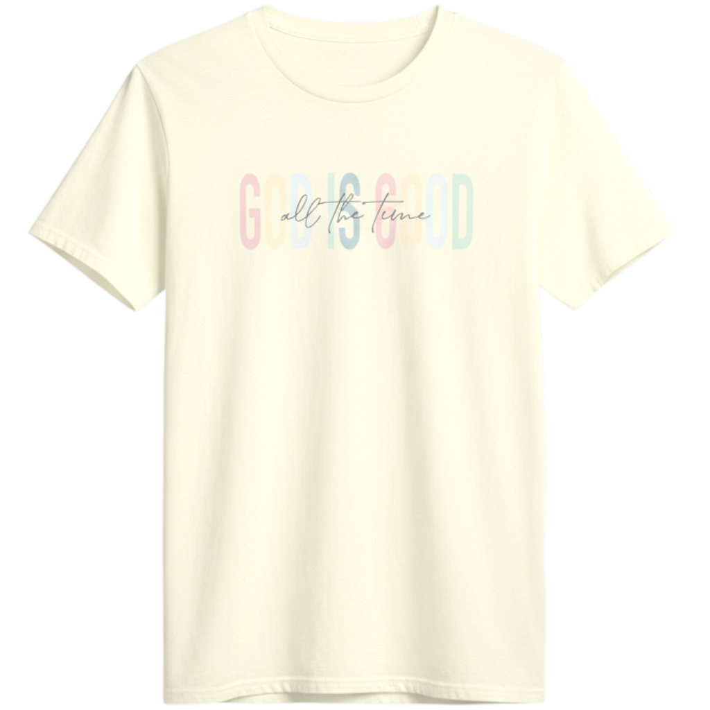 Zia Rose Boutique citron cotton t-shirt with pastel God is Good All the Time faith quote graphic