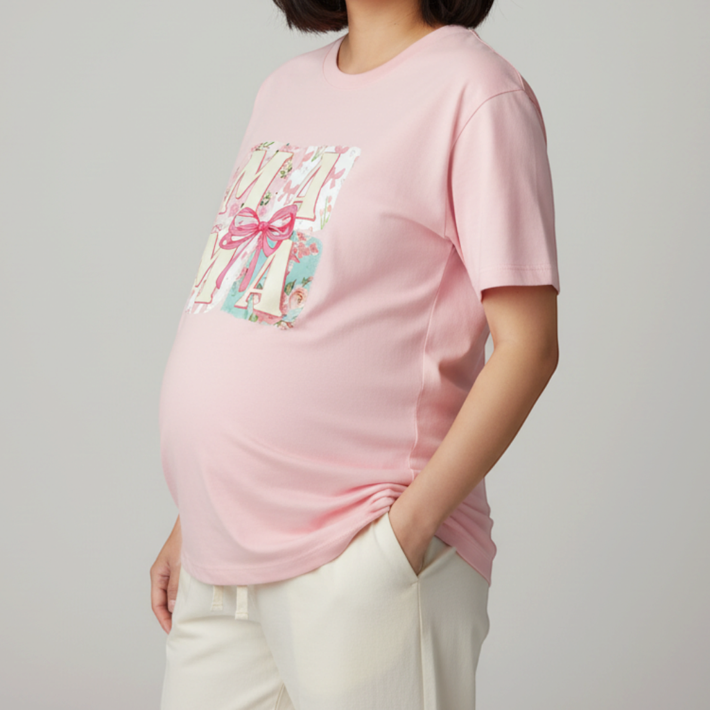 Zia Rose Boutique light pink maternity t-shirt with Mama floral bow graphic print worn by a pregnant woman