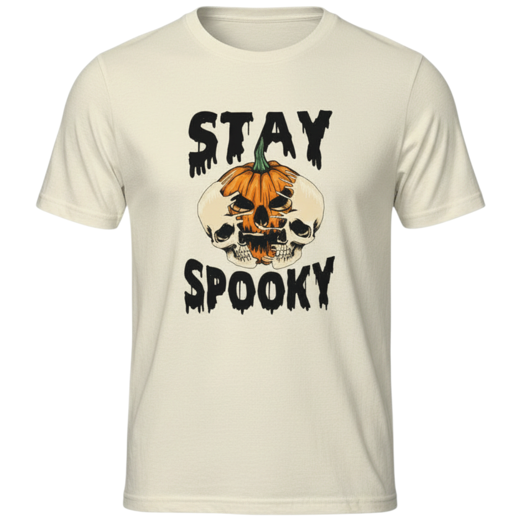 Zia Rose Boutique cream cotton t-shirt featuring a pumpkin and skeleton Stay Spooky graphic print