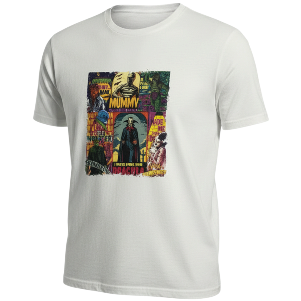 Zia Rose Boutique white cotton t-shirt featuring a colorful retro horror movie character collage print.