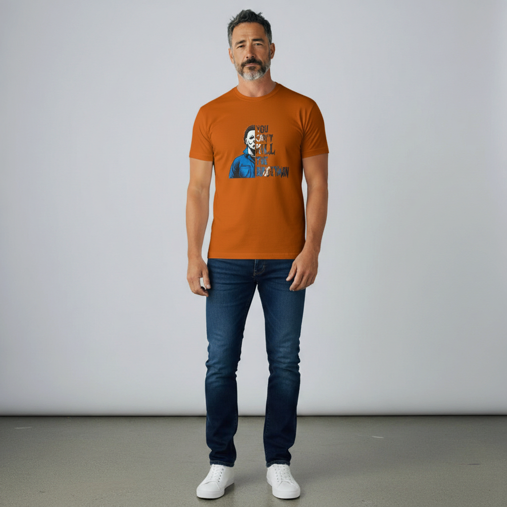 Zia Rose Boutique orange cotton t-shirt featuring a Michael Myers graphic and the text You Can't Kill the Boogeyman