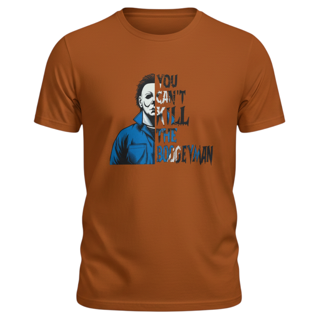 Zia Rose Boutique rust orange cotton t-shirt featuring a Michael Myers graphic and You Can't Kill the Boogeyman text.