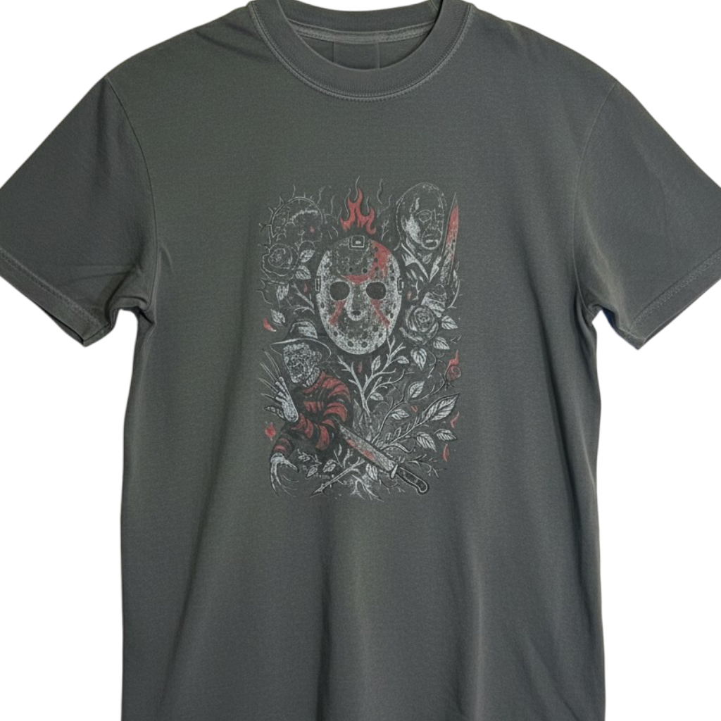 Zia Rose Boutique horror character t-shirt in charcoal grey cotton featuring iconic movie villains and red roses