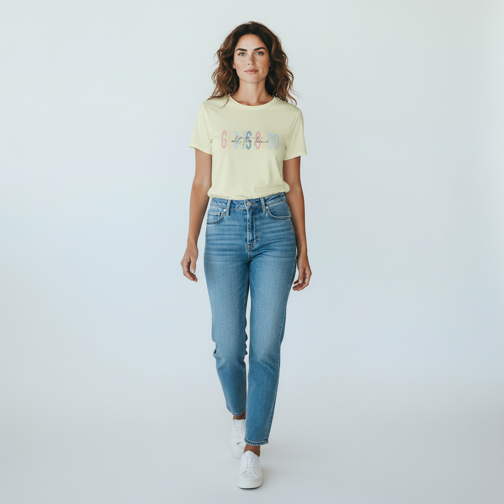 Zia Rose Boutique citron cotton t-shirt with God is Good All the Time faith quote worn with blue jeans and sneakers