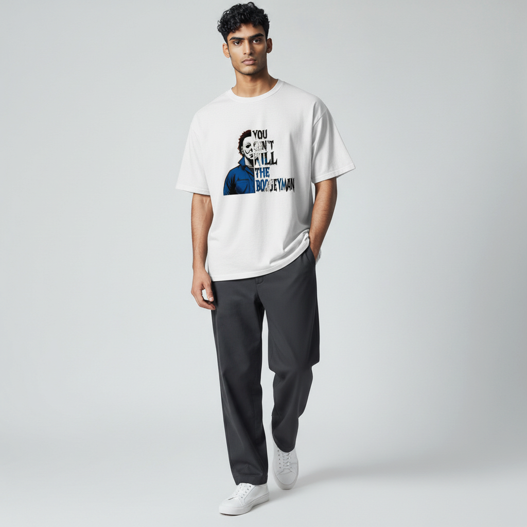 Zia Rose Boutique white cotton t-shirt featuring a Michael Myers graphic with You Can't Kill the Boogeyman text