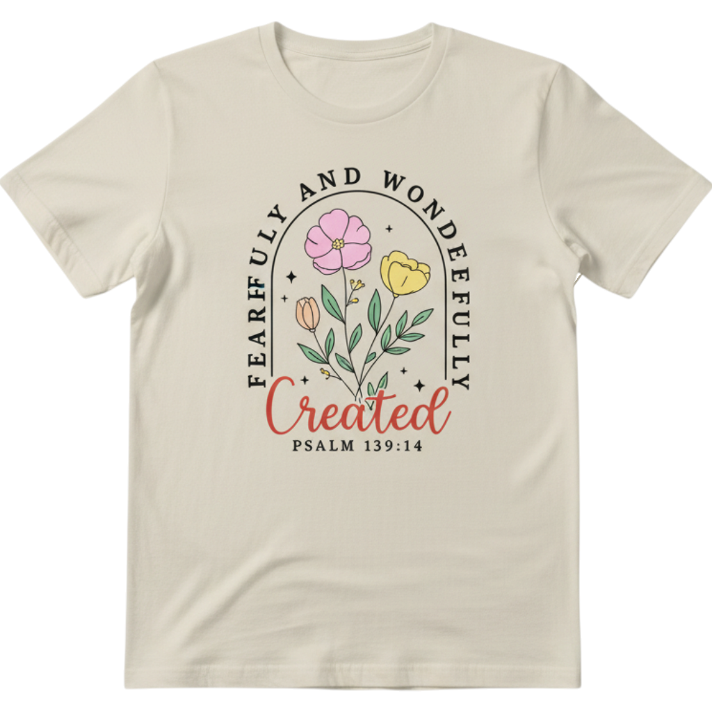 Zia Rose Boutique beige cotton t-shirt featuring a floral graphic and the inspirational scripture Psalm 139:14