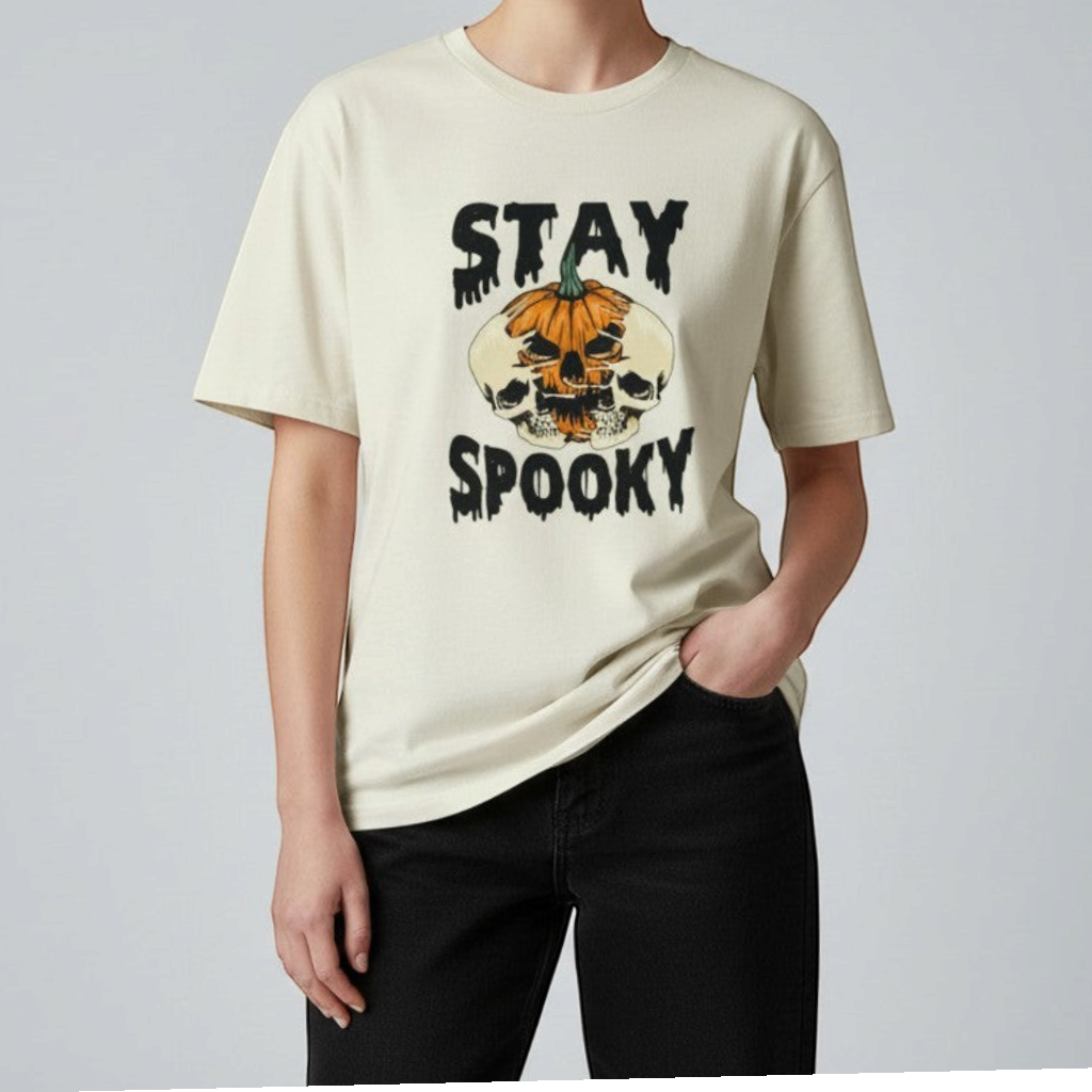 Zia Rose Boutique cream cotton t-shirt featuring a colorful pumpkin and skull Stay Spooky graphic print