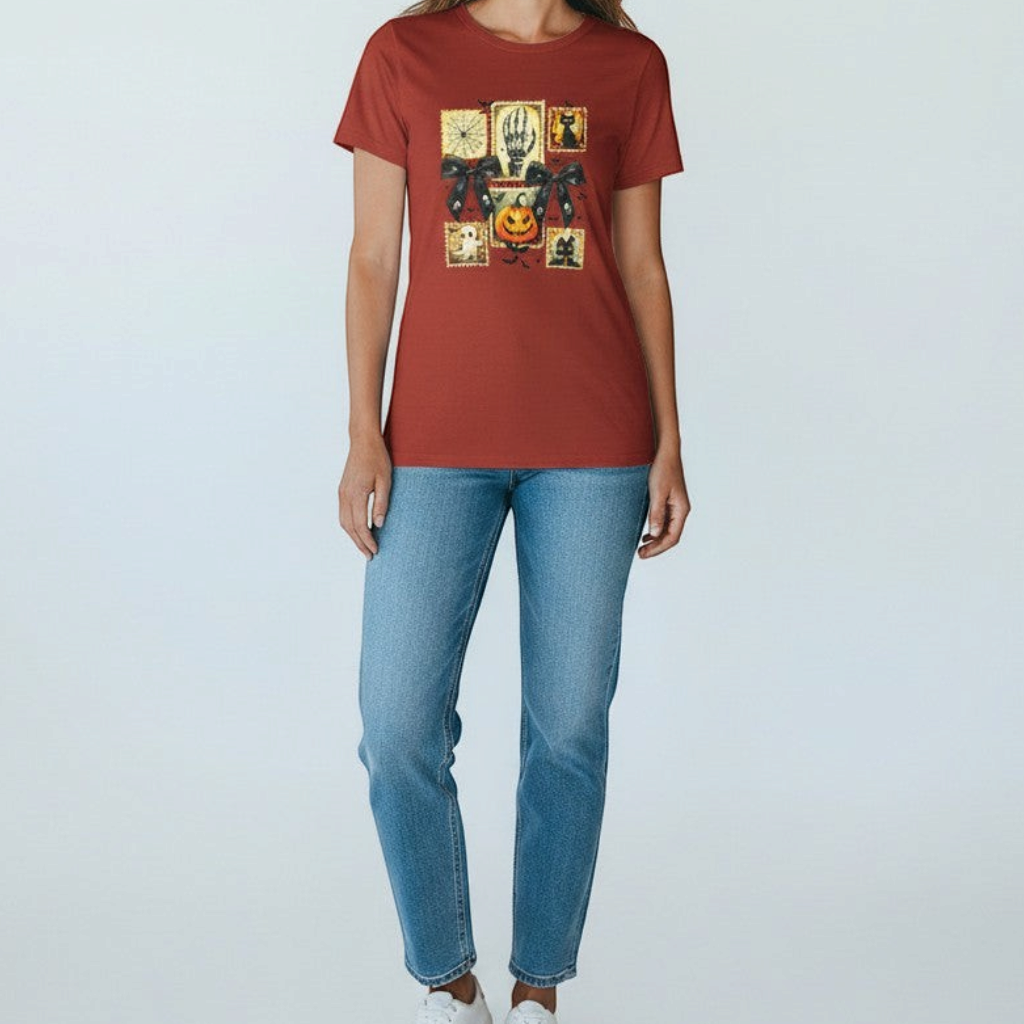 Zia Rose Boutique rust orange cotton t-shirt featuring a graphic print of lace bows and Halloween icons.