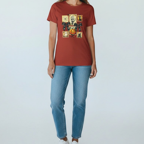 Zia Rose Boutique rust orange cotton t-shirt featuring a graphic print of lace bows and Halloween icons.