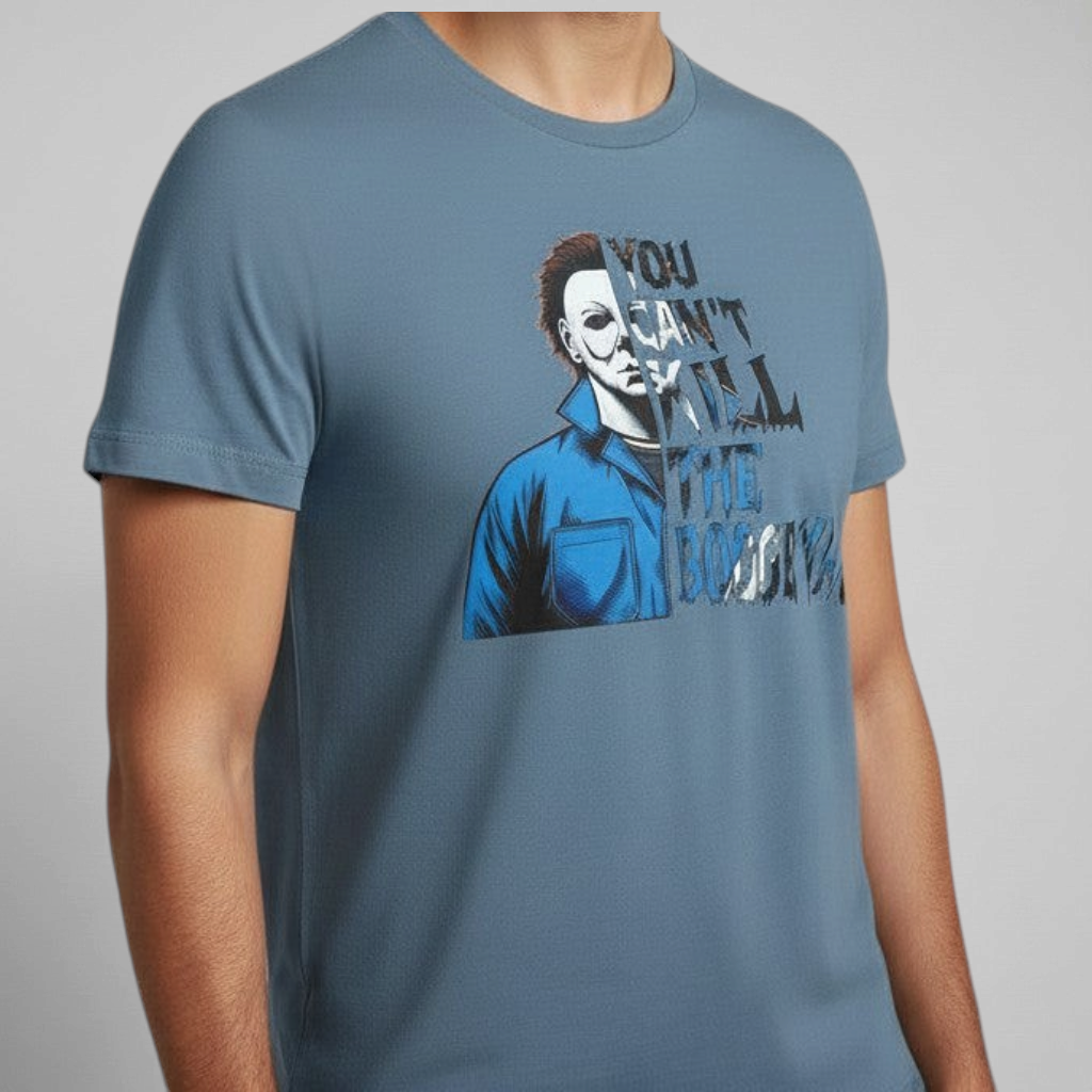 Zia Rose Boutique blue cotton t-shirt featuring a Michael Myers graphic and You Can't Kill the Boogeyman text