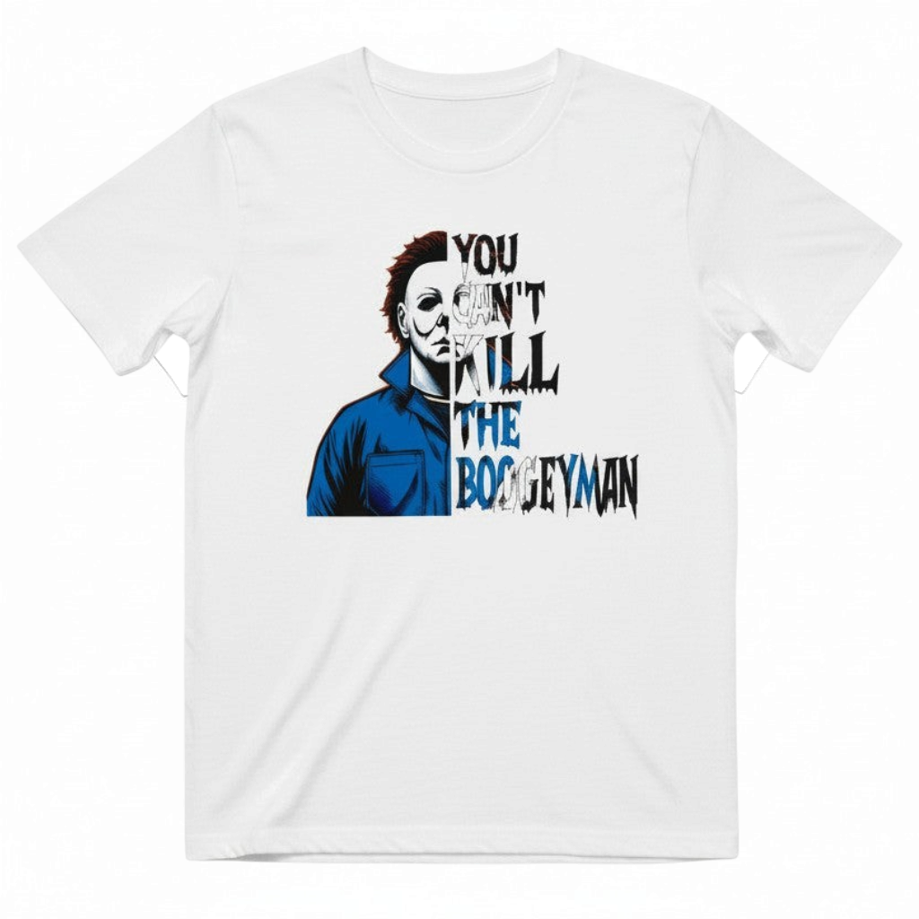 Zia Rose Boutique white cotton t-shirt featuring a Michael Myers graphic and You Can't Kill the Boogeyman text