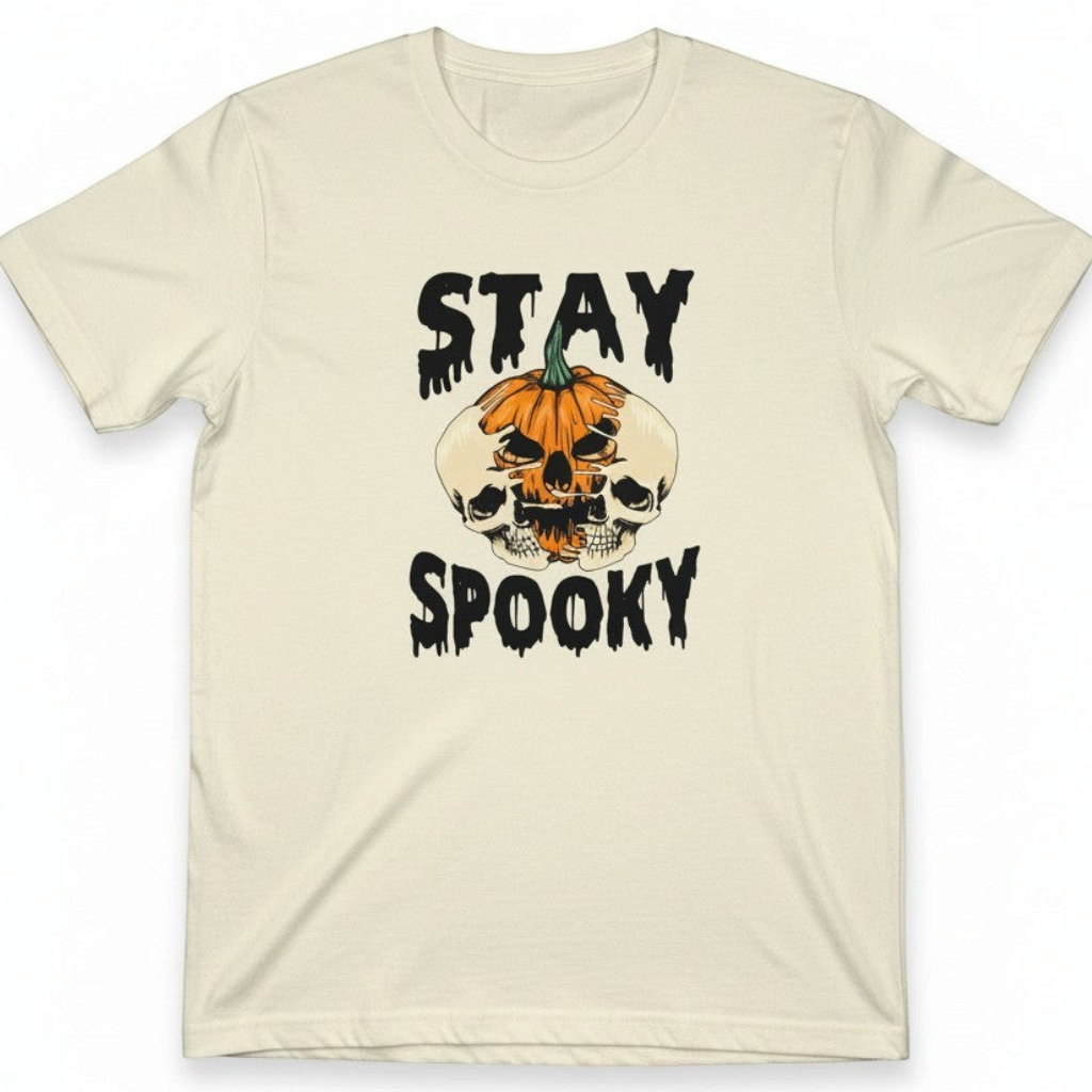 Zia Rose Boutique cream cotton t-shirt featuring a colorful pumpkin and skeleton graphic with Stay Spooky text
