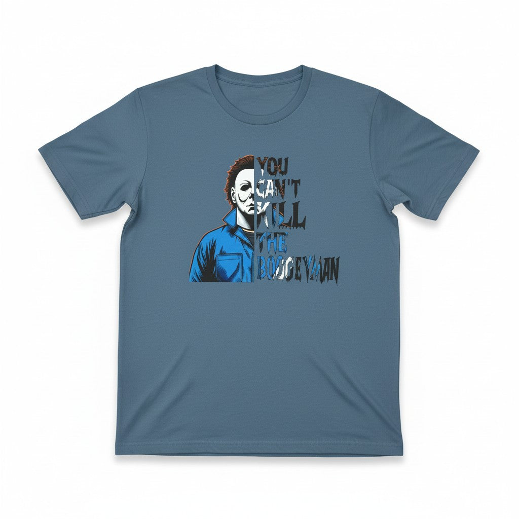 Zia Rose Boutique blue cotton t-shirt featuring a Michael Myers graphic and You Can't Kill the Boogeyman text