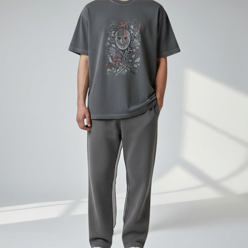 Zia Rose Boutique charcoal grey cotton t-shirt featuring a horror mask and bloody rose garden graphic print