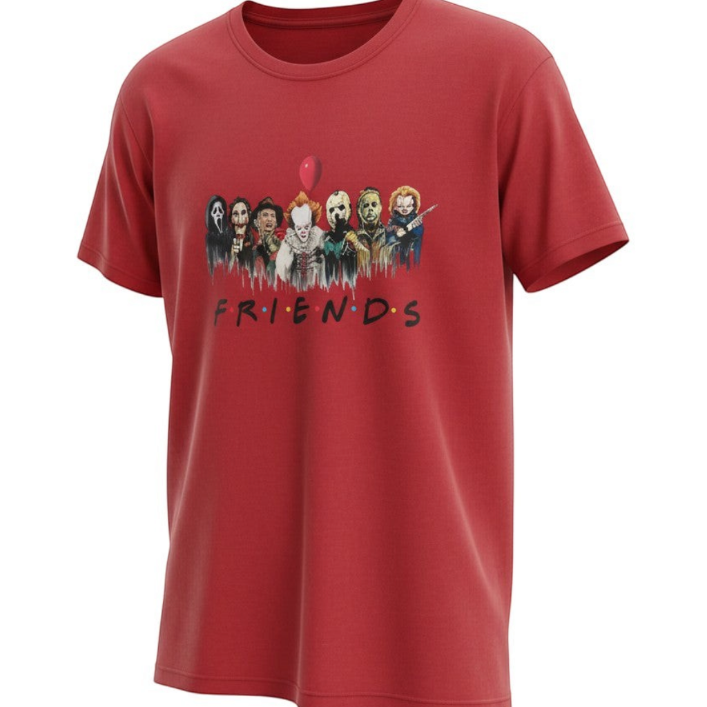 Zia Rose Boutique red cotton t-shirt featuring a graphic print of iconic horror movie characters.