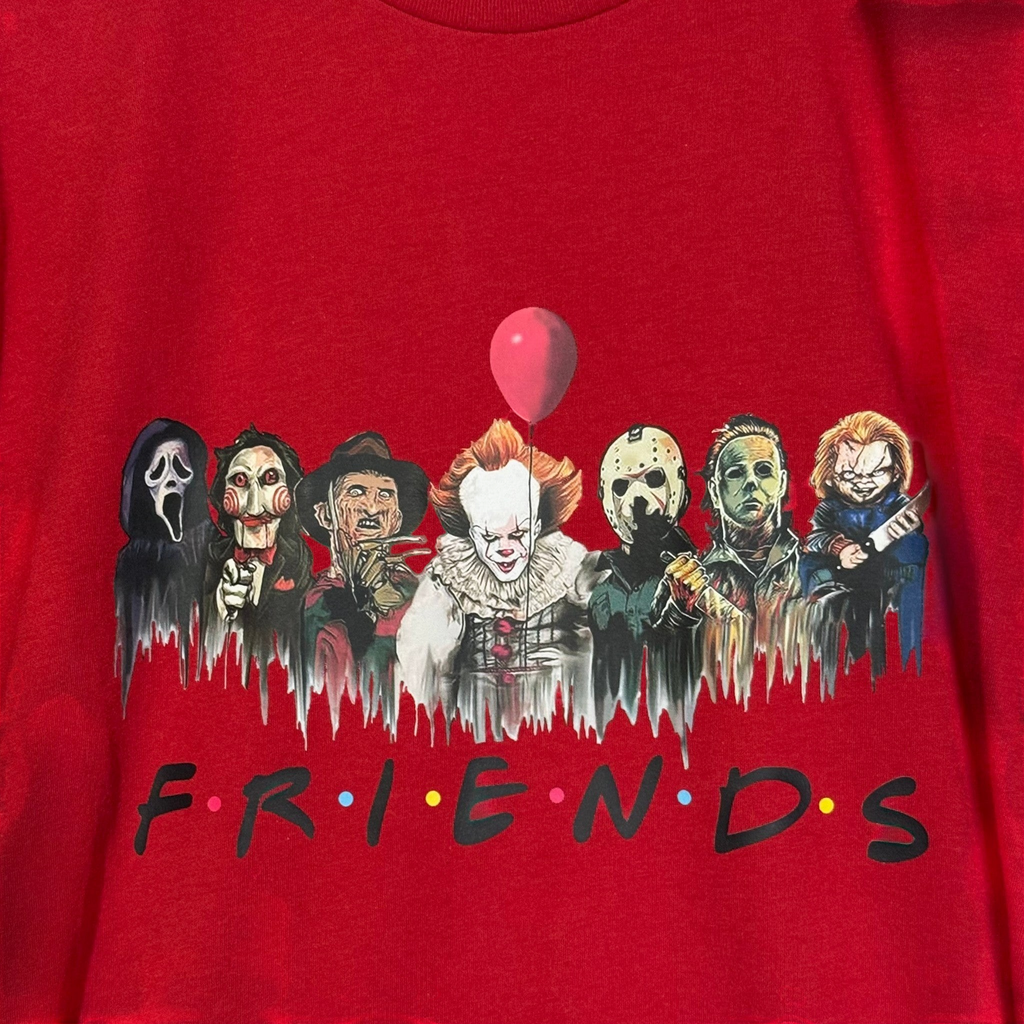 Zia Rose Boutique red cotton t-shirt featuring a graphic print of iconic horror movie characters and Friends logo