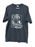 Zia Rose Boutique black cotton short sleeve t-shirt featuring a white graphic of a skull and coffee themed text.