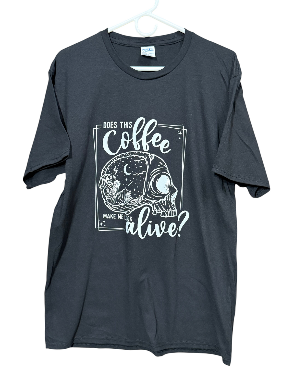 Zia Rose Boutique black cotton short sleeve t-shirt featuring a white graphic of a skull and coffee themed text.