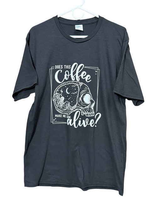 Zia Rose Boutique black cotton short sleeve t-shirt featuring a white graphic of a skull and coffee themed text.