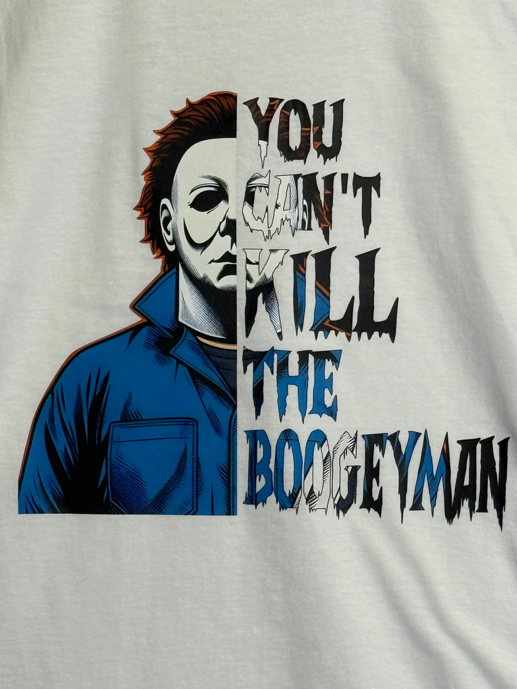 Zia Rose Boutique white cotton t-shirt featuring a Michael Myers graphic and You Can't Kill the Boogeyman text