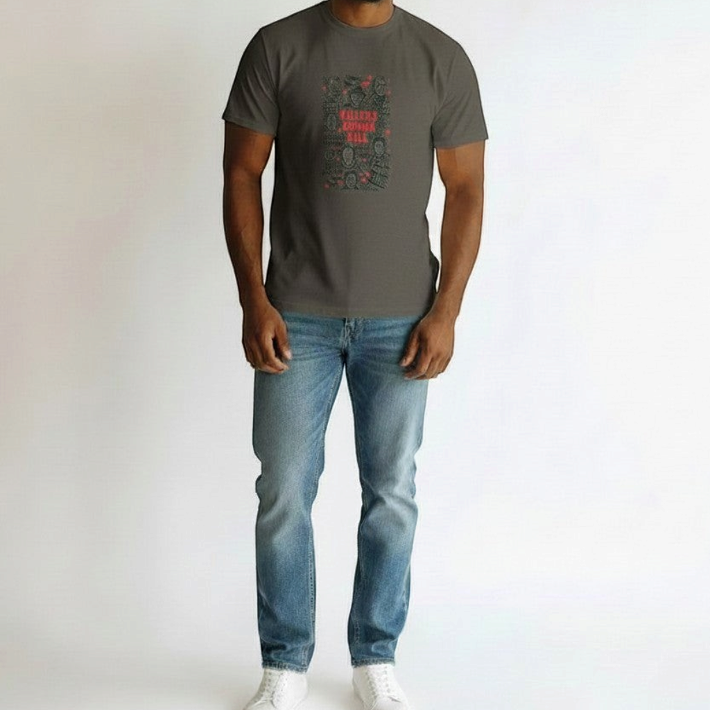 Zia Rose Boutique charcoal grey cotton t-shirt featuring a red Killers Gonna Kill horror movie graphic print