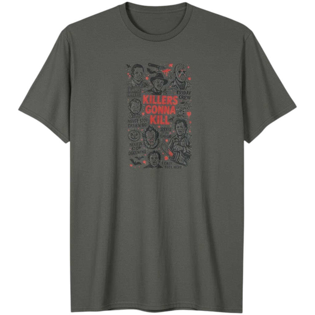 Zia Rose Boutique charcoal grey 100% cotton horror movie t-shirt with Killers Gonna Kill graphic print