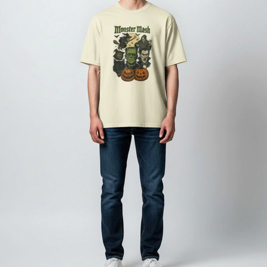 Zia Rose Boutique cream cotton t-shirt featuring a vintage Monster Mash graphic print worn by a male model