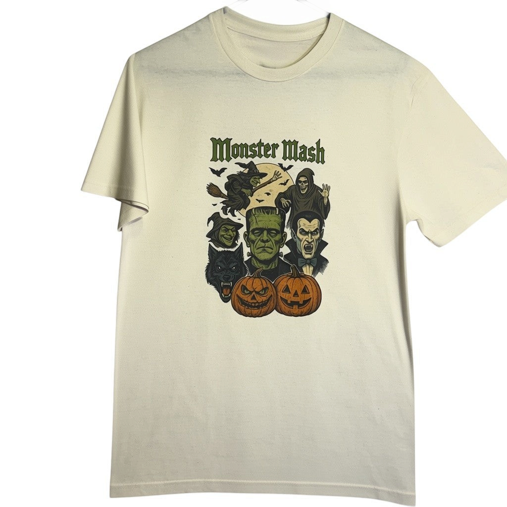Zia Rose Boutique cream cotton t-shirt featuring a vintage Monster Mash graphic with classic Halloween characters.