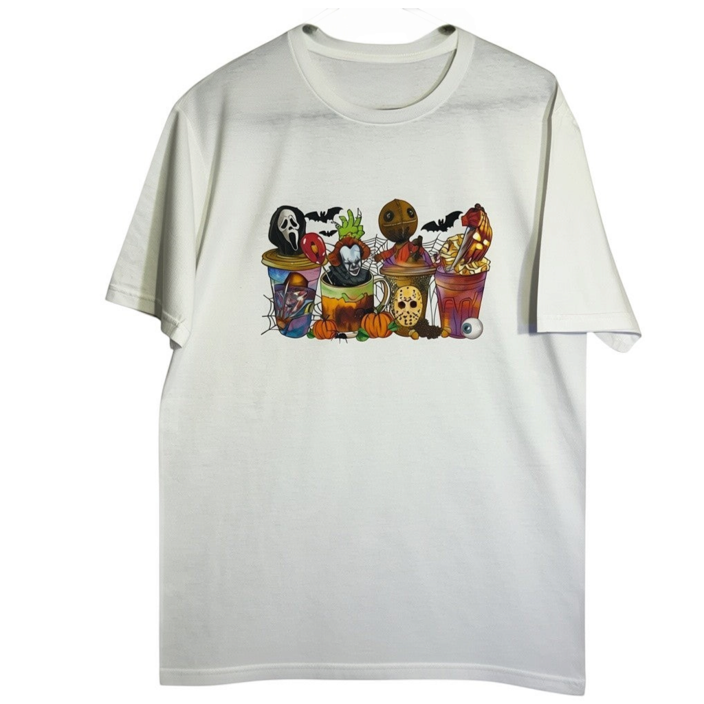 Zia Rose Boutique white t-shirt featuring a retro neon horror movie potion drink graphic for Halloween.