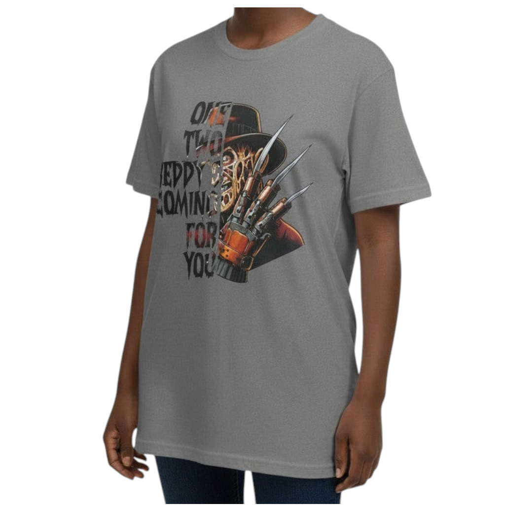 Zia Rose Boutique grey cotton t-shirt featuring a Freddy Krueger graphic with the quote One Two Freddys Coming for You