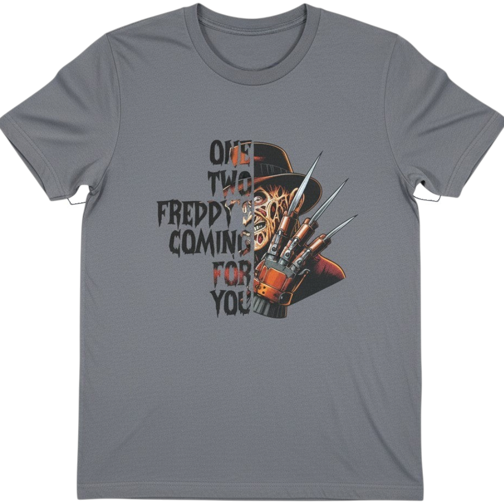 Zia Rose Boutique grey cotton t-shirt featuring a Freddy Krueger graphic and One Two Freddys Coming for You text