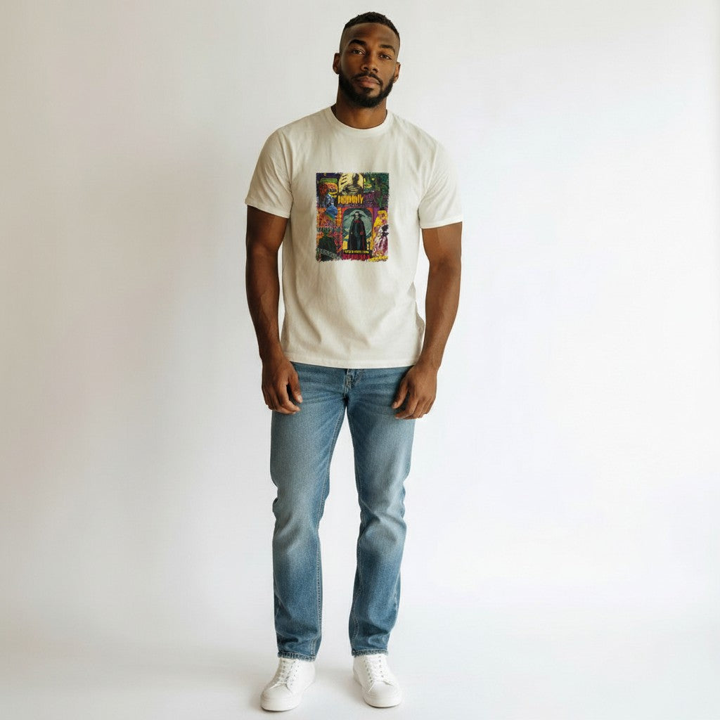 Zia Rose Boutique cream t-shirt featuring a colorful retro horror movie character collage print on soft cotton