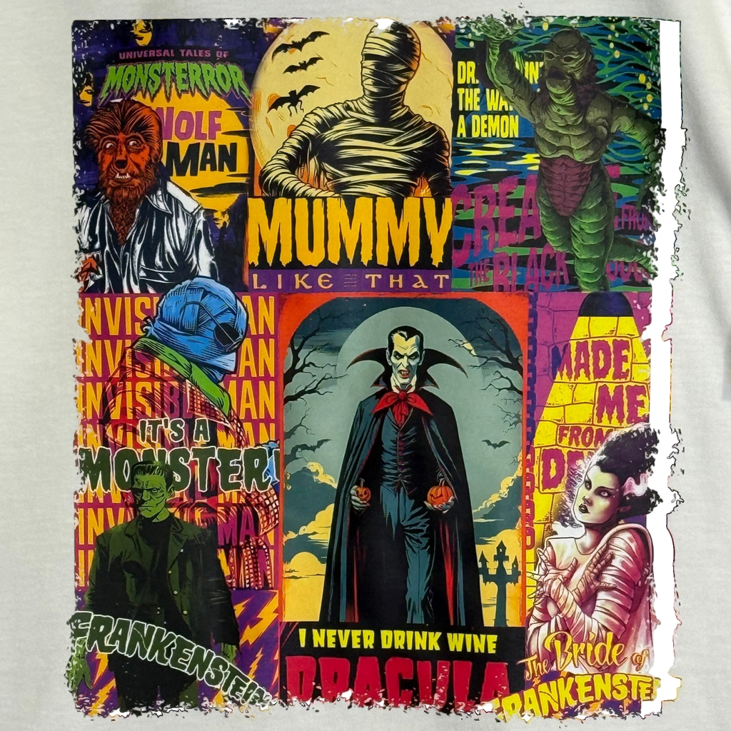 Zia Rose Boutique retro horror character t-shirt featuring a colorful collage of classic movie monsters on soft cotton