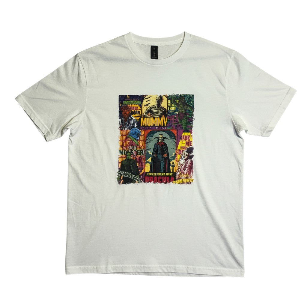 Zia Rose Boutique white cotton t-shirt featuring a colorful retro horror movie character collage print.