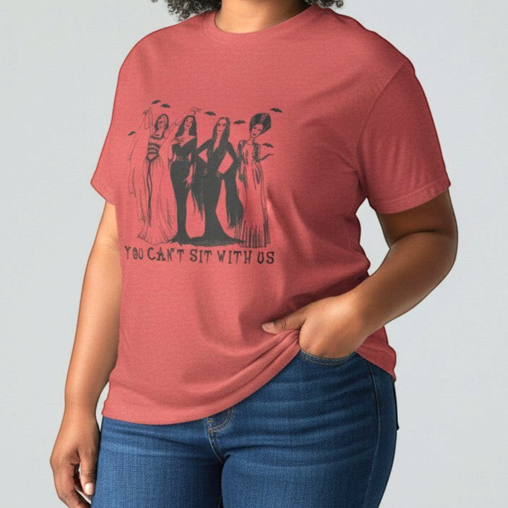 Zia Rose Boutique red cotton t-shirt featuring a gothic horror character lineup print with You Can't Sit With Us text