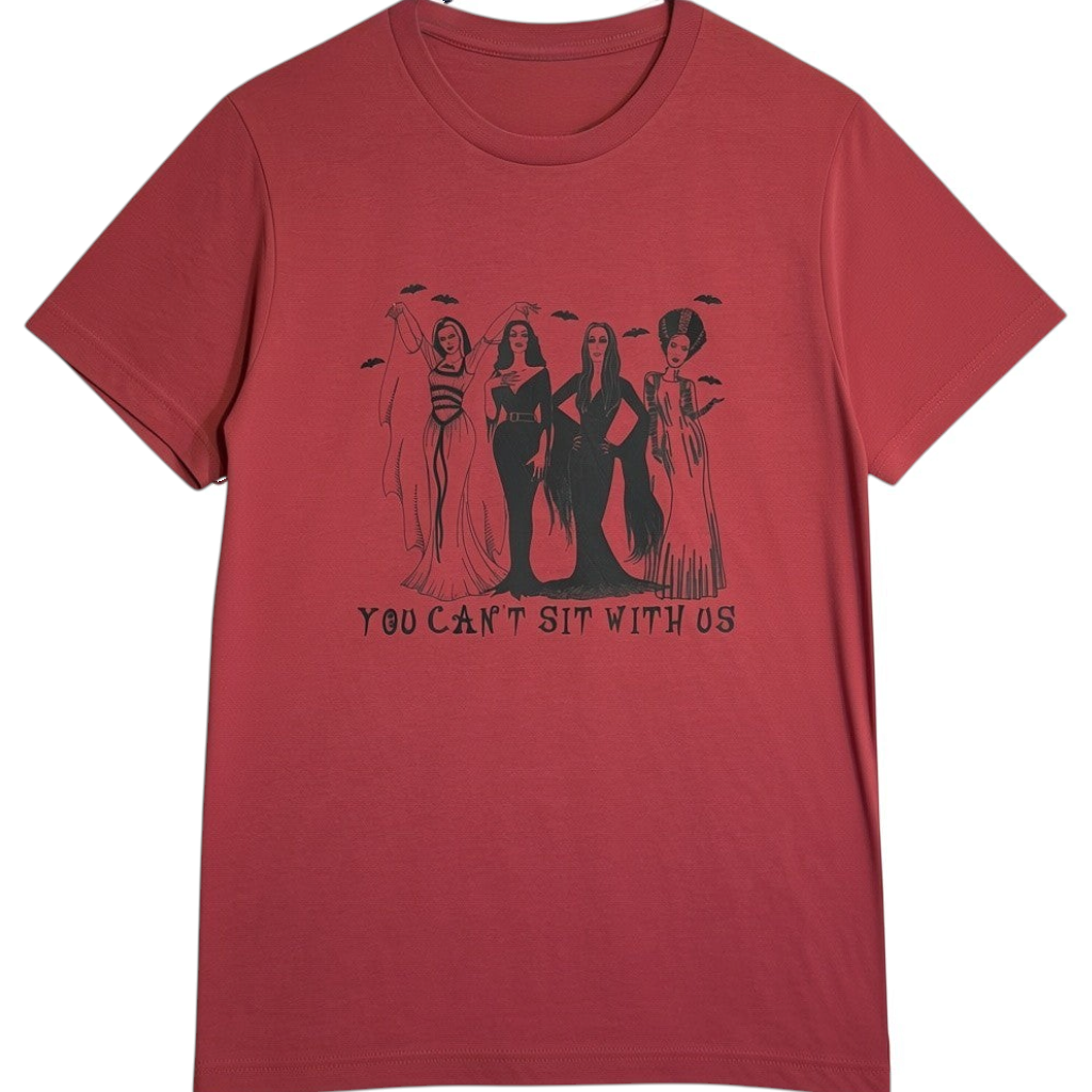 Zia Rose Boutique red cotton horror character lineup t-shirt featuring Lily Munster, Vampira, Morticia, and the Bride.