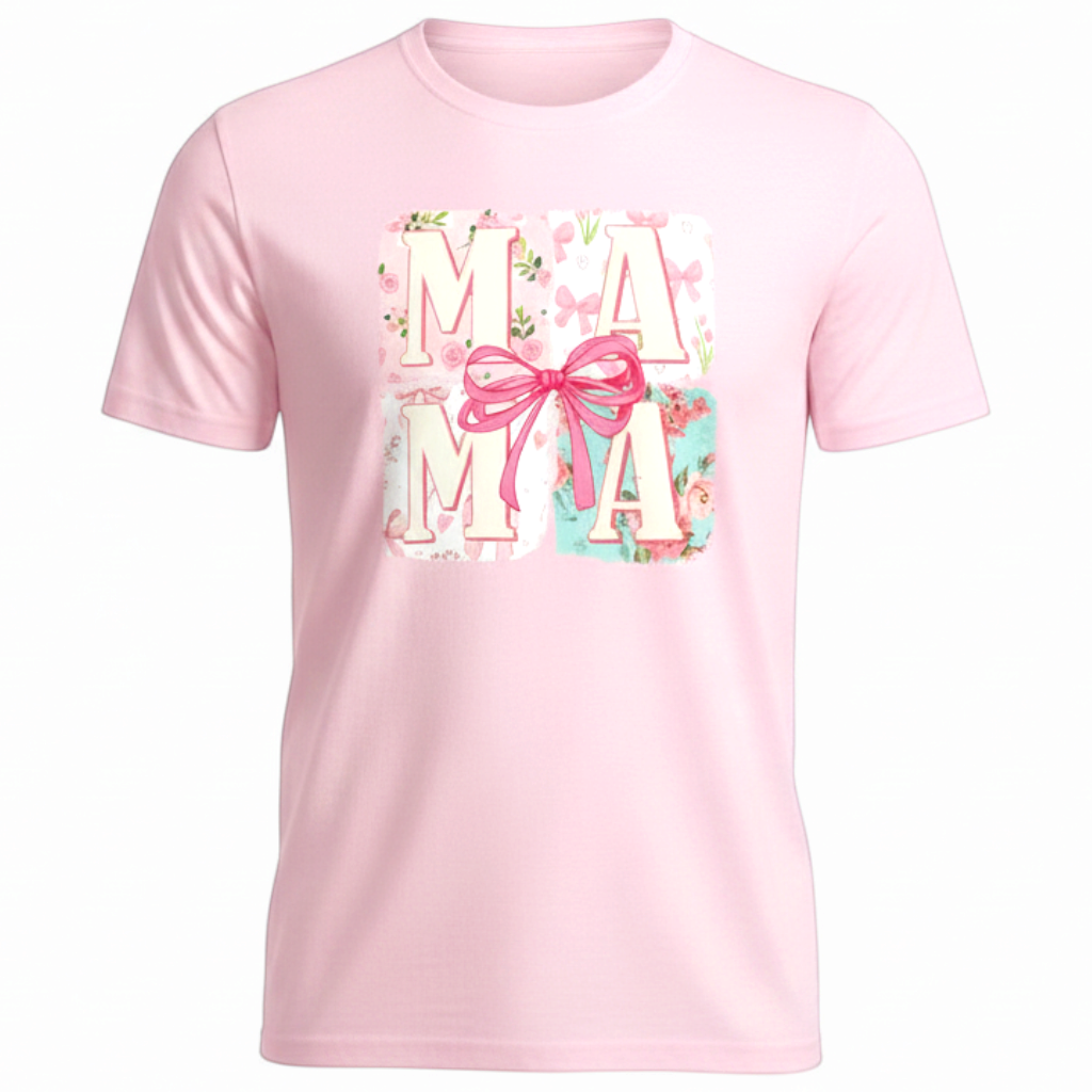 Zia Rose Boutique light pink crew neck t-shirt featuring a Mama graphic with floral patterns and a whimsical pink bow.