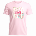 Zia Rose Boutique light pink crew neck t-shirt featuring a Mama graphic with floral patterns and a whimsical pink bow.