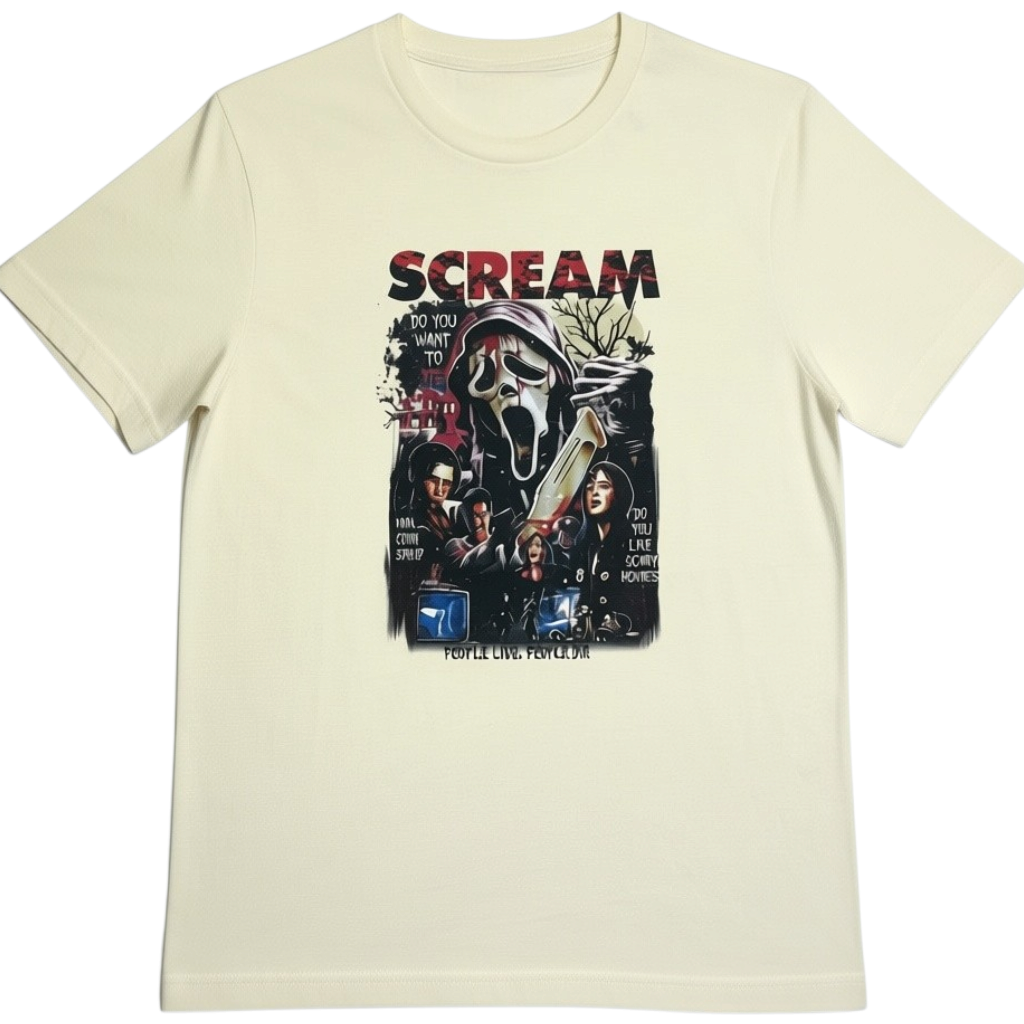 Zia Rose Boutique cream cotton t-shirt featuring a graphic print of Ghostface and Scream movie characters.