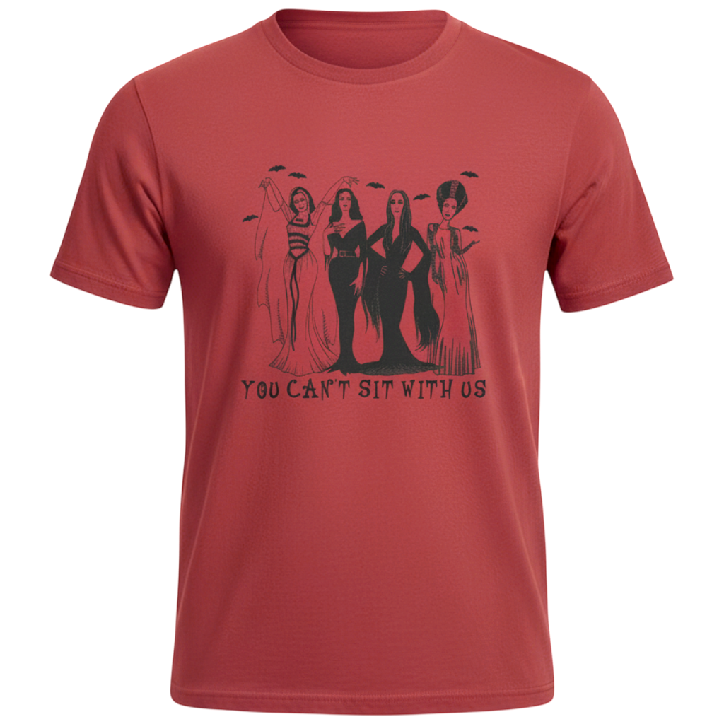 Zia Rose Boutique red cotton t-shirt featuring a gothic horror character lineup print with You Can't Sit With Us text