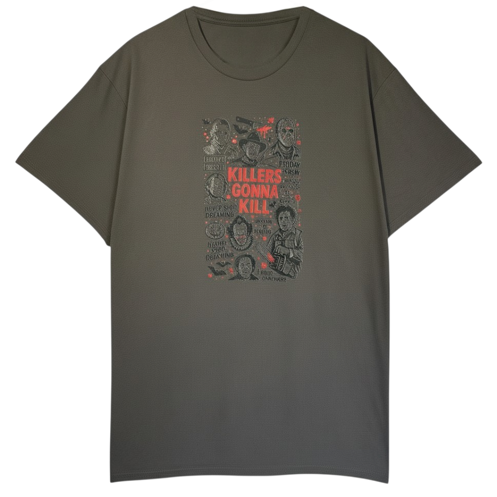 Zia Rose Boutique charcoal grey 100% cotton t-shirt featuring a Killers Gonna Kill horror movie character graphic print