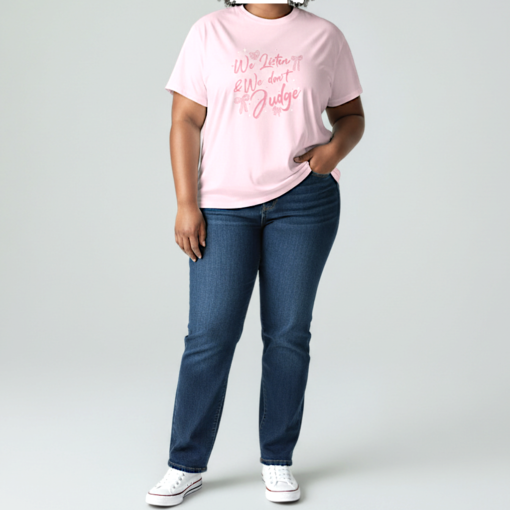 Zia Rose Boutique light pink t-shirt with We Listen We Dont Judge text and breast cancer awareness ribbon graphic