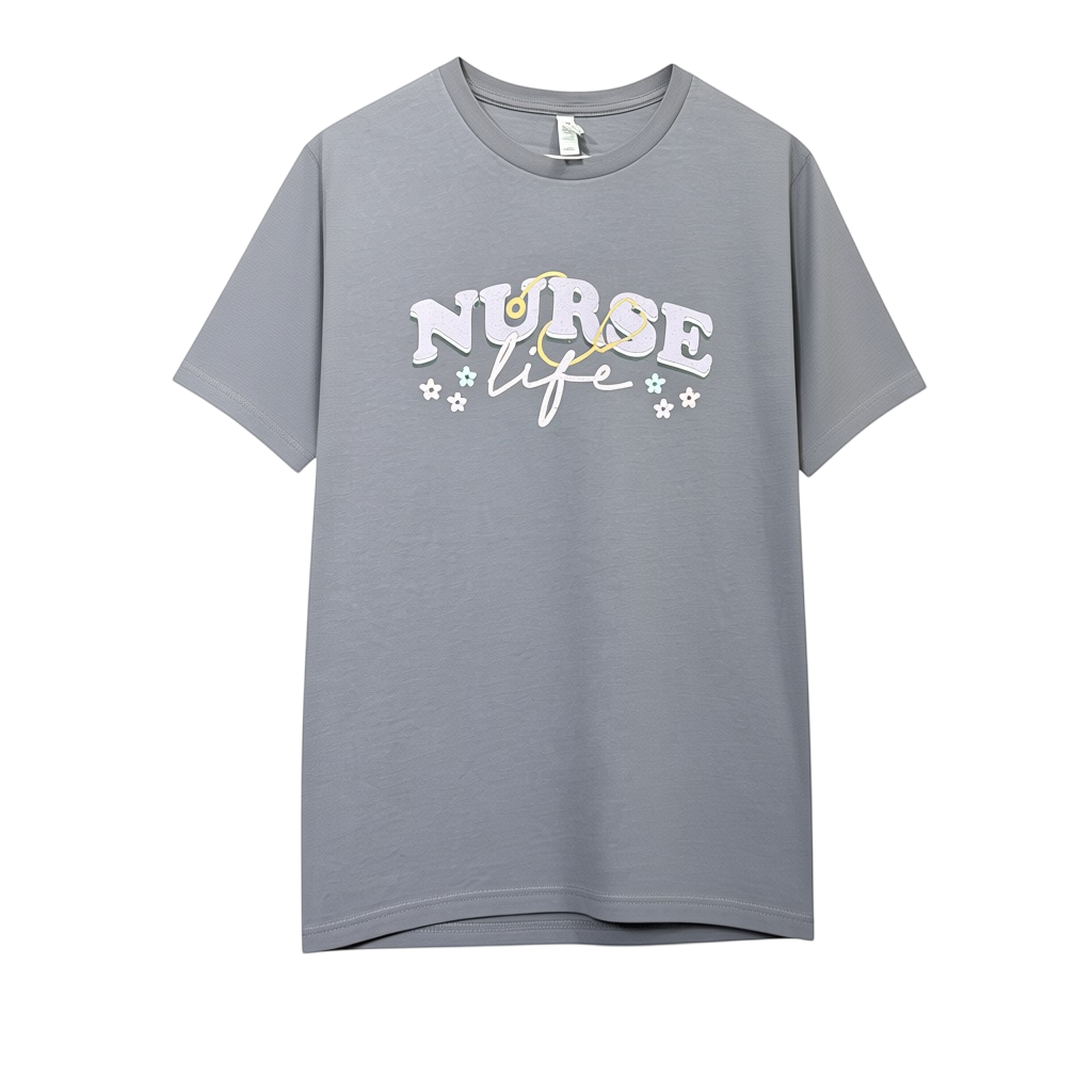 Zia Rose Boutique Nurse Life t-shirt in grey cotton with pastel purple and blue graphic print