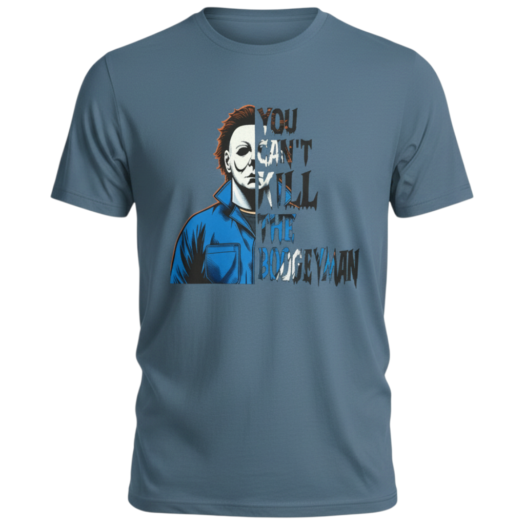 Zia Rose Boutique blue cotton t-shirt featuring a Michael Myers graphic and You Can't Kill the Boogeyman text